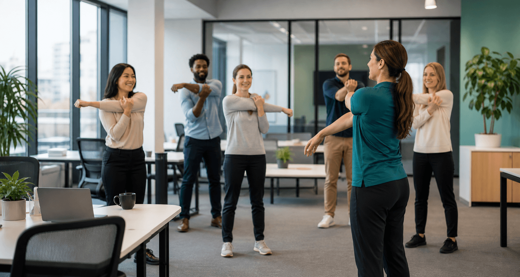 Employees following a guided workplace mobility session in an office